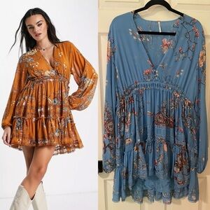 Free People by Urban Outfitters Baby Blue Floral Long Sleeve Babydoll MiniDress